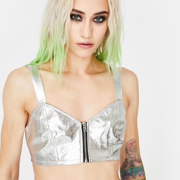 🎃Dolls Kill Tripp NYC Metallic Crop Top Silver XL - Picture 1 of 6